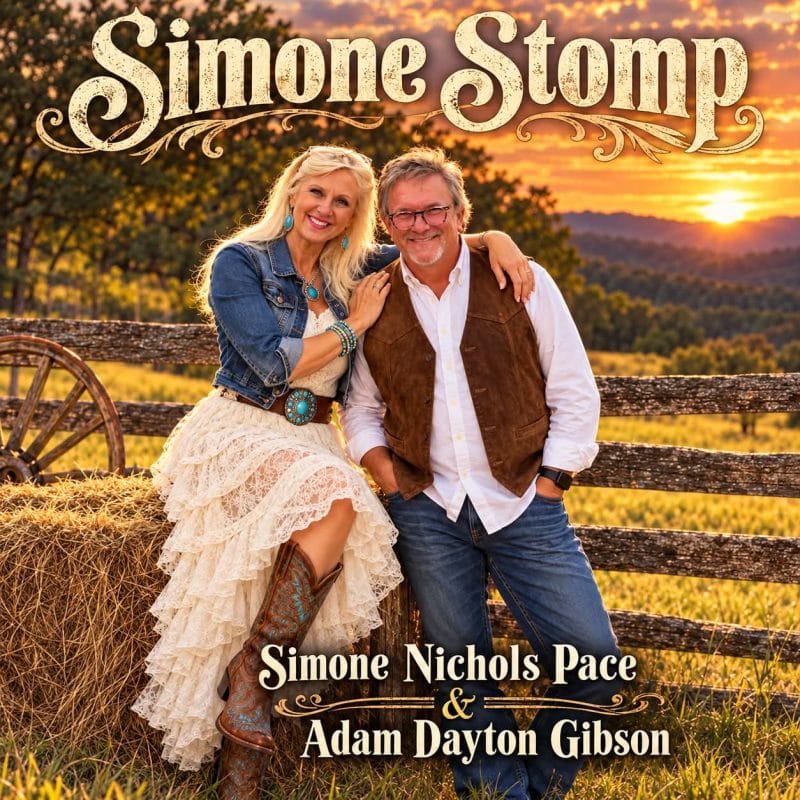 Simone Stomp- Simone Nichols Pace and Adam Dayton Gibson on hay bale in field with sunset